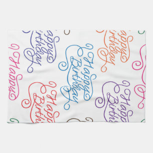 Colourful Cursive Happy Birthday Pattern Tea Towel