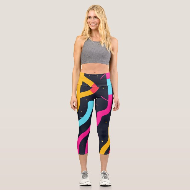 Colourful curved forms on black capri leggings (Front)