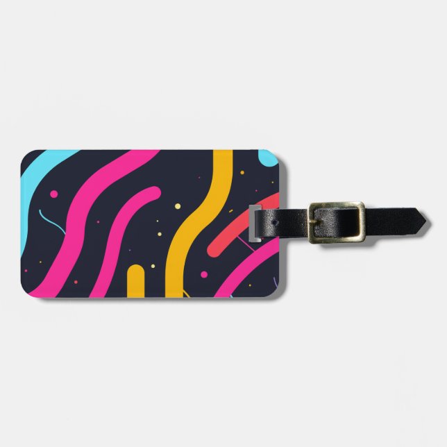 Colourful curved forms on black luggage tag (Front Horizontal)