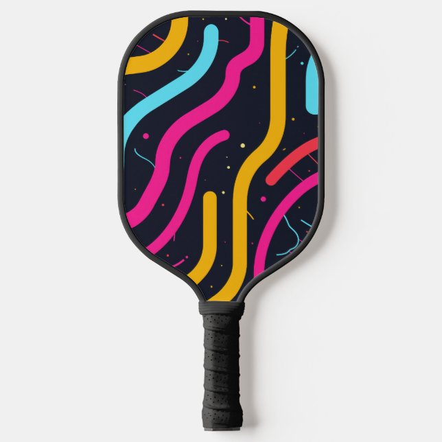 Colourful curved forms on black pickleball paddle (Front)