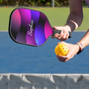 Colourful Curved Shapes, White Script Name Pickleball Paddle