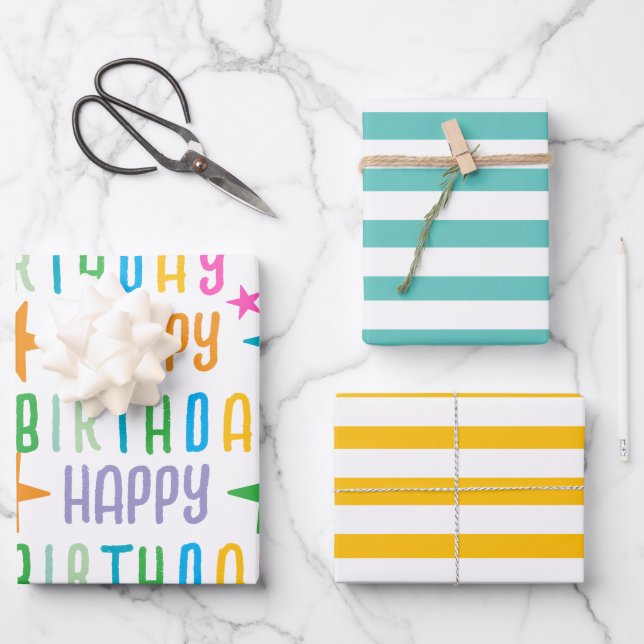 Colourful Custom and White Stripes Happy Birthday  Wrapping Paper Sheet (Front)