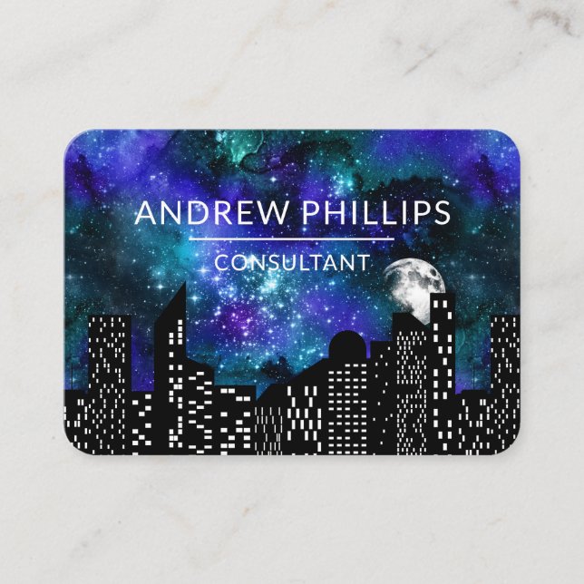 Colourful Custom Modern Moon Space Cityscape Business Card (Front)