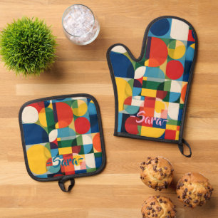 Colourful Custom Name Oven Mitt & Pot Holder Set