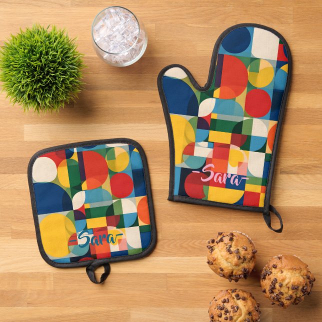 Colourful Custom Name Oven Mitt & Pot Holder  Set (Top Down)