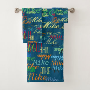Colourful Custom Names Stylish Pattern Blue Bath Towel Set