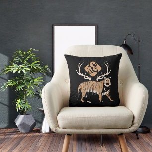 Colourful Cute Animal Tiger On Black Modern Cushion