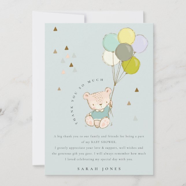 Colourful Cute Aqua Blue Bear Balloons Baby Shower Thank You Card (Front)