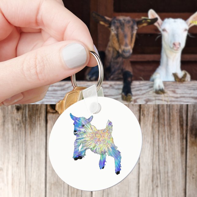 Colourful Cute Baby Goat Jumping Funky Animal Art Key Ring (Cute jumping goat farm animal art keyring watercolor baby goat)