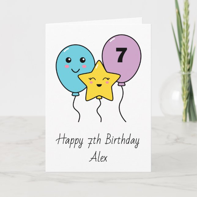 Colourful Cute Balloons 7th Birthday Card (Front)