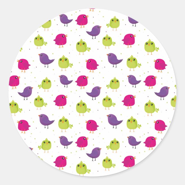 Colourful Cute Birds Pattern Classic Round Sticker (Front)