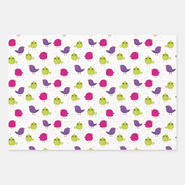 Colourful Cute Birds Pattern Wrapping Paper Sheet (Front)