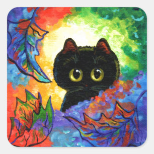 Colourful Cute Black Cat Fall Leaves Creationarts Square Sticker