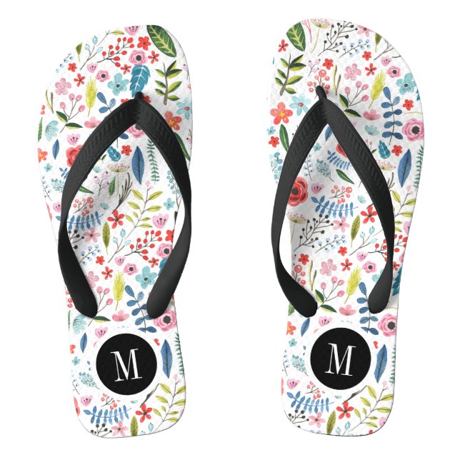 Colourful Cute Botanical Leafs & Flowers Pattern Flip Flops (Footbed)