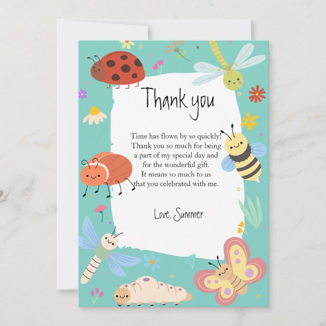 Colourful Cute Bugs Kids Birthday  Thank You Card (Front)