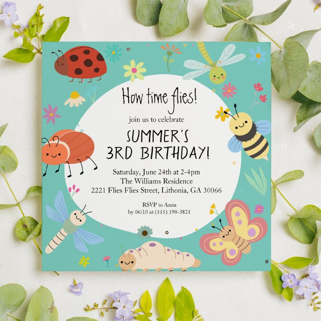 Colourful Cute Bugs Kids Square Birthday  Invitation (Creator Uploaded)