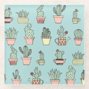 Colourful Cute Cactus In Hand Drawn Style Pattern Glass Coaster