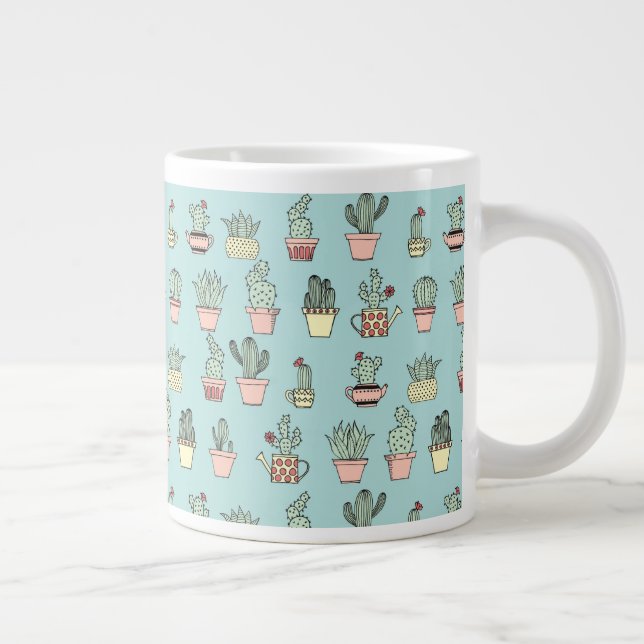 Colourful Cute Cactus In Hand Drawn Style Pattern Large Coffee Mug (Right)
