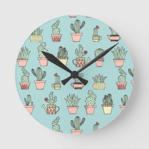 Colourful Cute Cactus In Hand Drawn Style Pattern Round Clock