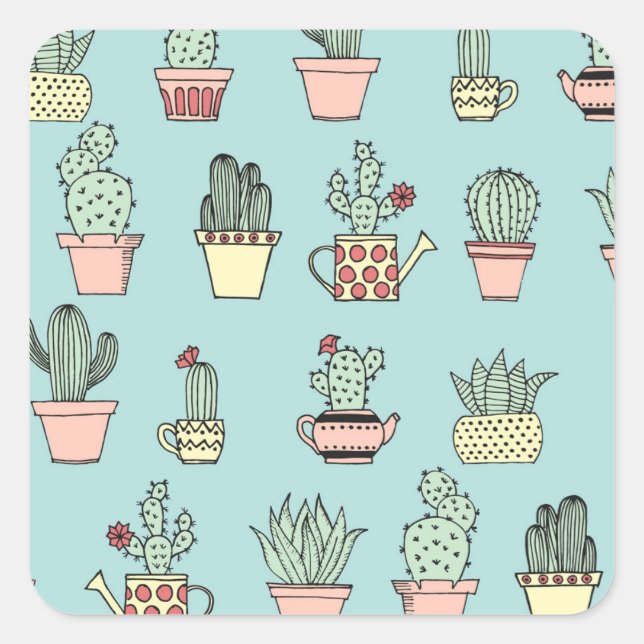 Colourful Cute Cactus In Hand Drawn Style Pattern Square Sticker (Front)