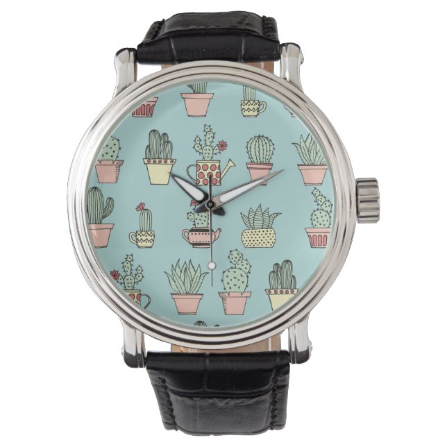 Colourful Cute Cactus In Hand Drawn Style Pattern Watch (Front)