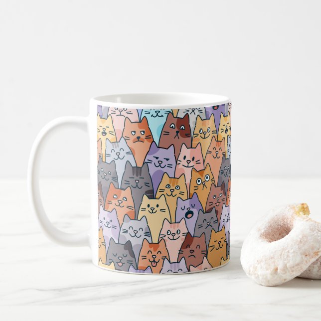 Colourful Cute Cat Crowd Pattern Whimsical Cat Fac Coffee Mug (With Donut)
