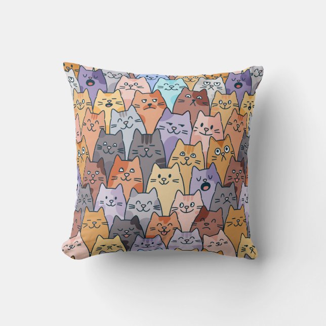 Colourful Cute Cat Crowd Pattern Whimsical Cat Fac Cushion (Front)