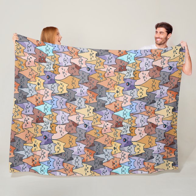 Colourful Cute Cat Crowd Pattern Whimsical Cat Fac Fleece Blanket (In Situ)