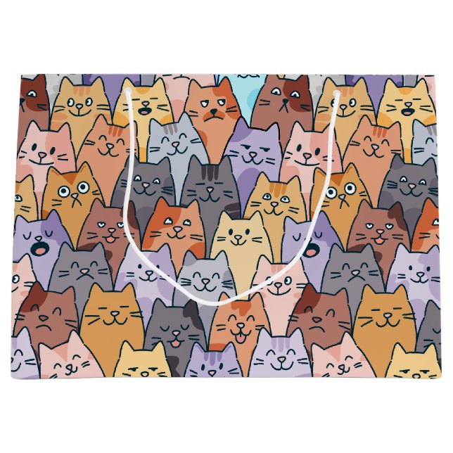 Colourful Cute Cat Crowd Pattern Whimsical Cat Fac Large Gift Bag (Front)