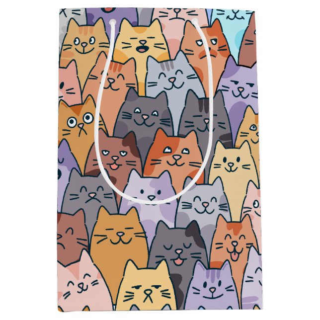 Colourful Cute Cat Crowd Pattern Whimsical Cat Fac Medium Gift Bag (Front)