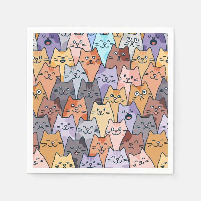Colourful Cute Cat Crowd Pattern Whimsical Cat Fac Napkin (Front)