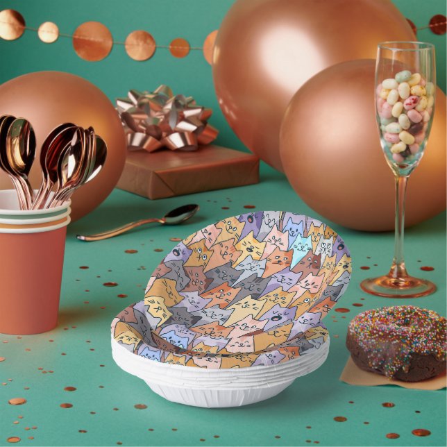 Colourful Cute Cat Crowd Pattern Whimsical Cat Fac Paper Plate (Multi)