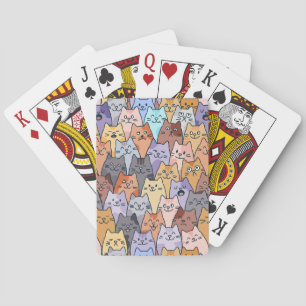 Colourful Cute Cat Crowd Pattern Whimsical Cat Fac Playing Cards