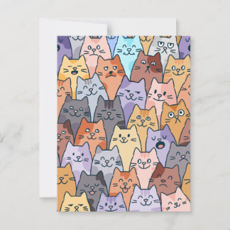Colourful Cute Cat Crowd Pattern Whimsical Cat Fac Postcard