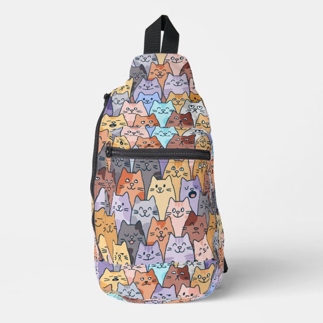 Colourful Cute Cat Crowd Pattern Whimsical Cat Fac Sling Bag (Front)