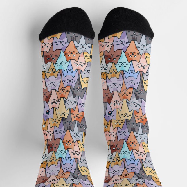 Colourful Cute Cat Crowd Pattern Whimsical Cat Fac Socks (Top)