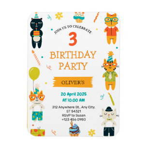Colourful Cute Cats 3rd Birthday Party Invitation Magnet