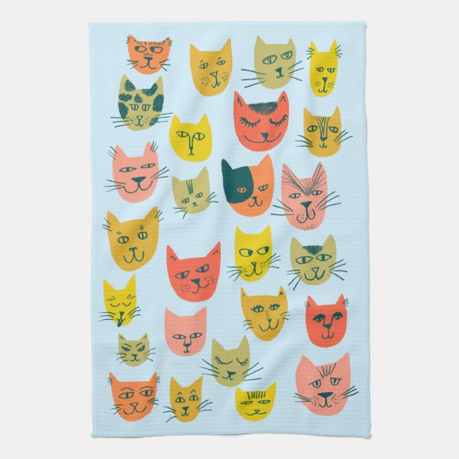 Colourful Cute Cats Kittens Blue Tea Towel (Vertical)