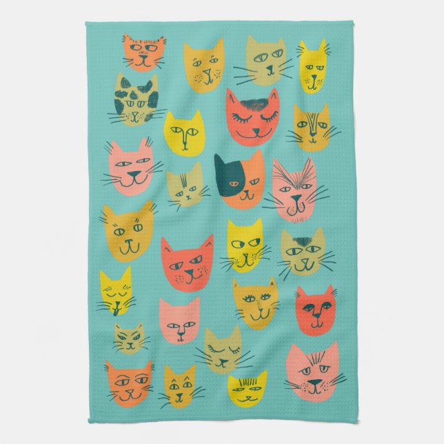 Colourful Cute Cats Kittens Teal Tea Towel (Vertical)