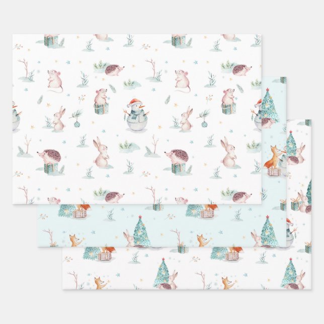 Colourful cute Christmas animals pattern Wrapping Paper Sheet (Set)