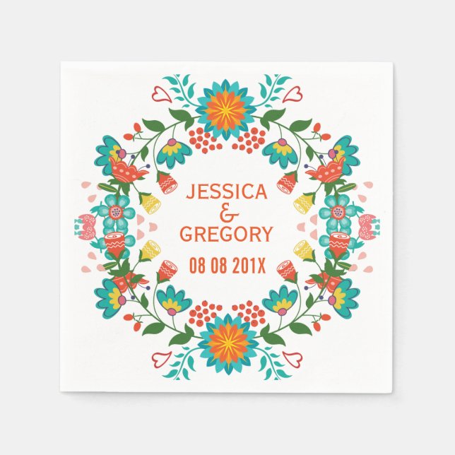 Colourful Cute Colourful Retro Floral Wreath Napkin (Front)