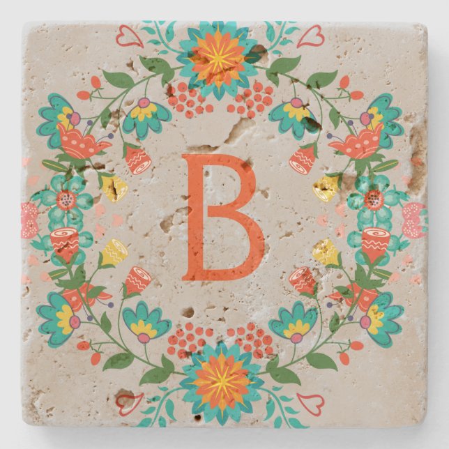 Colourful Cute Colourful Retro Floral Wreath Stone Coaster (Front)