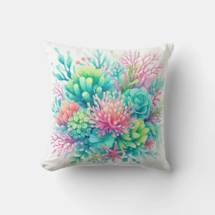 Colourful Cute Coral Sealife Nautical Coastal Beac Cushion