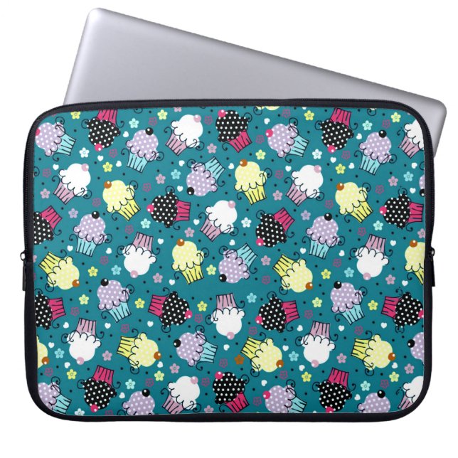 Colourful Cute Cupcake Pattern-Turquoise-Green Bac Laptop Sleeve (Front)