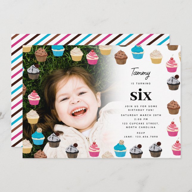 Colourful Cute Cupcakes Kids Photo Birthday Party Invitation (Front/Back)