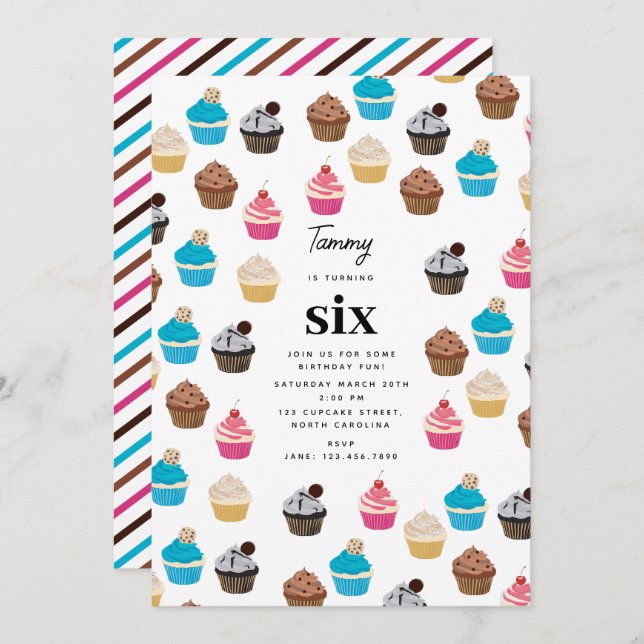 Colourful Cute Cupcakes Pattern Kids Birthday Part Invitation (Front/Back)