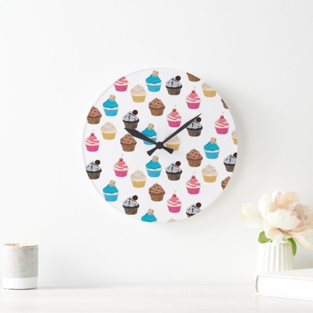 Colourful Cute Cupcakes Pattern  Large Clock (Home)