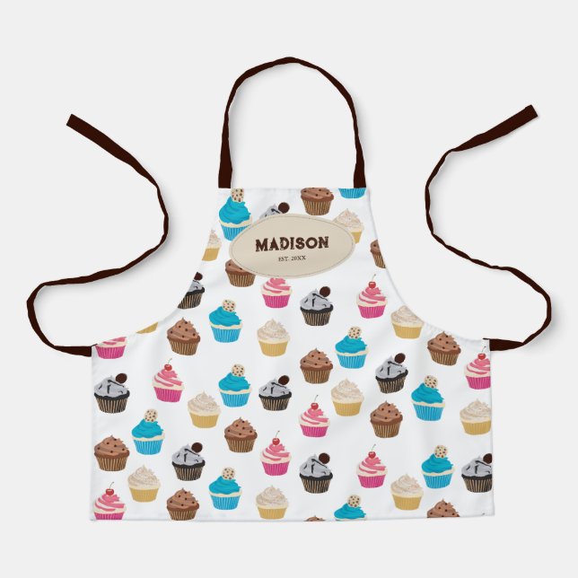 Colourful Cute Cupcakes Pattern Monogram Apron (Front)