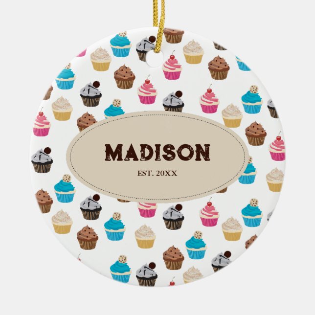 Colourful Cute Cupcakes Pattern Monogram Ceramic Tree Decoration (Front)