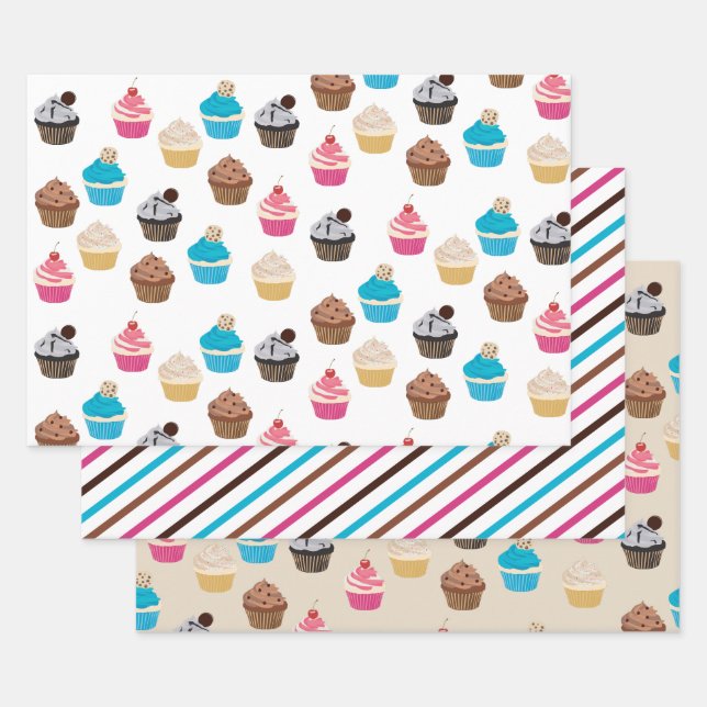 Colourful Cute Cupcakes Pattern  Wrapping Paper Sheet (Set)